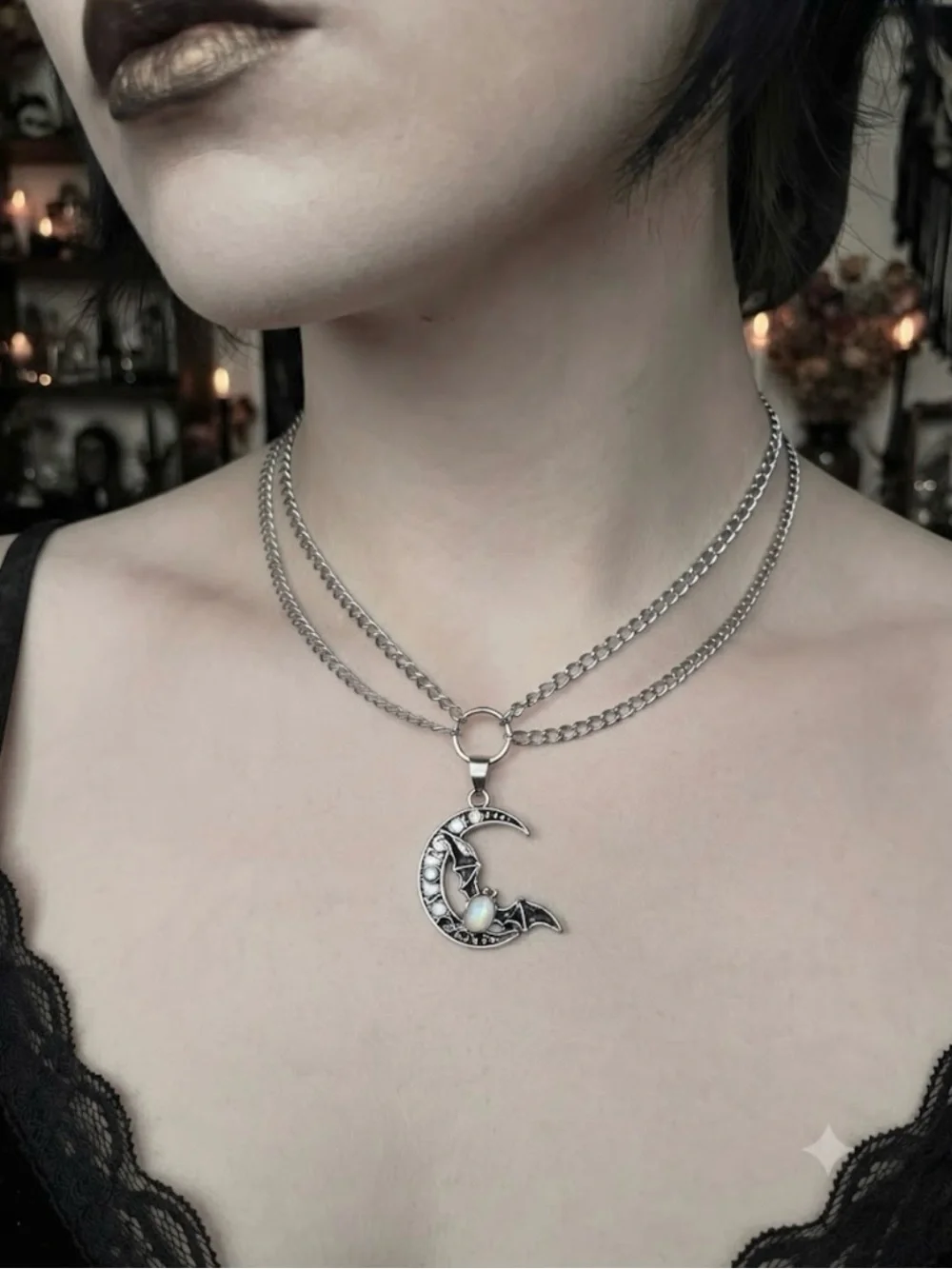 Hand Crafted Silver Moon & Bat Pendant Necklace